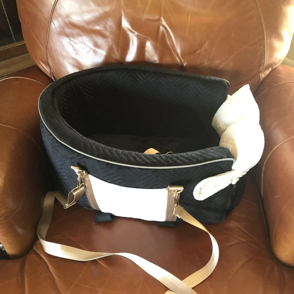 Small Dog Car Seat Booster Carrier Plush Black Velour Bow Tether Straps Non-Slip